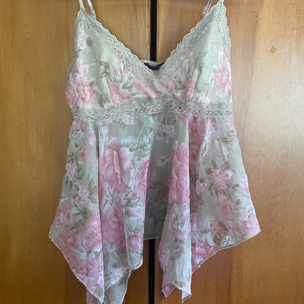 Sheer rose print beaded Y2K fairy top
